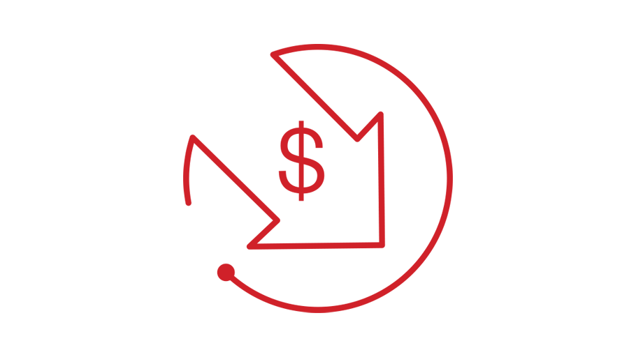 Icon of a dollar sign inside a down-facing arrow, representing less cost