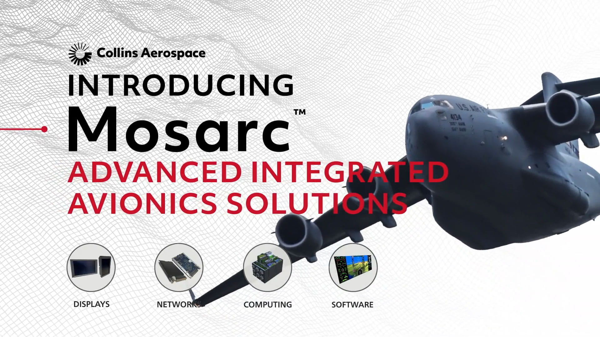 Tanker transport aircraft with the text 'Introducing Mosarc - Advanced Integrated Avionics Solutions' overlaid