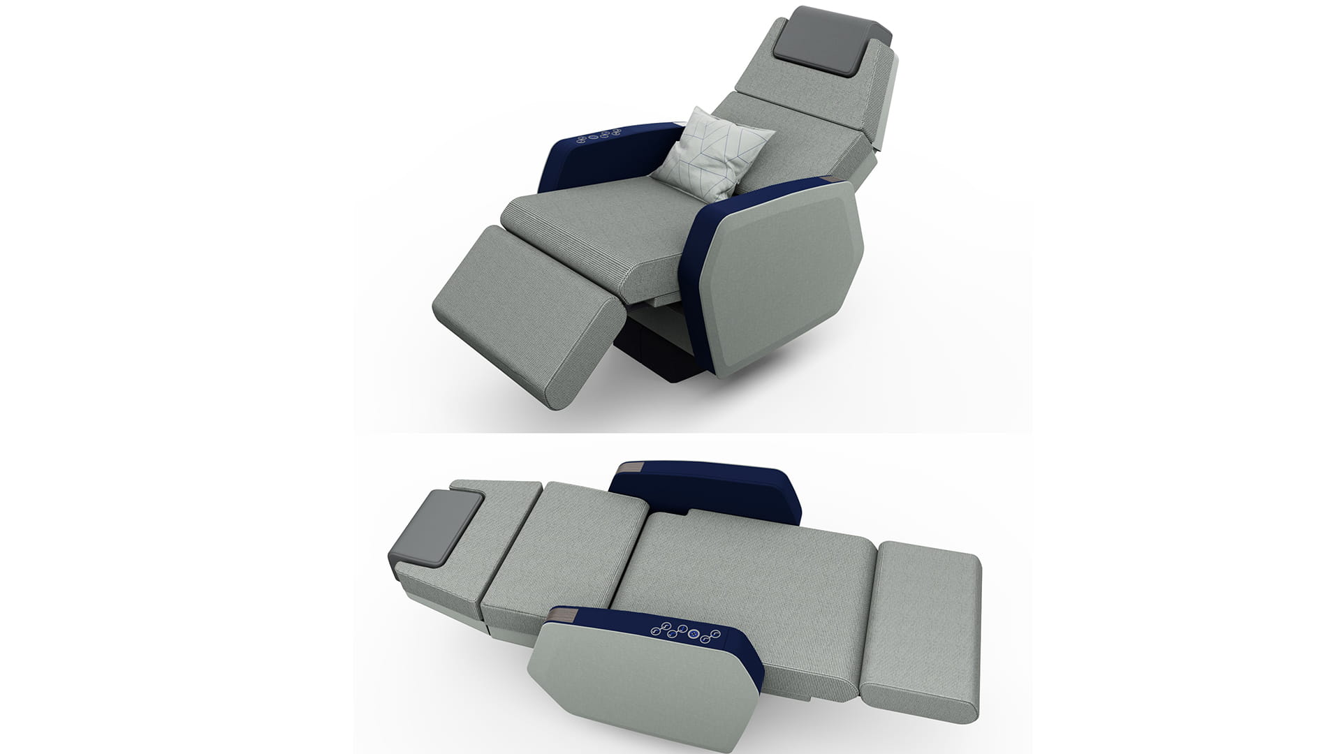 2 renderings of airplane seat; one reclining and one lying flat
