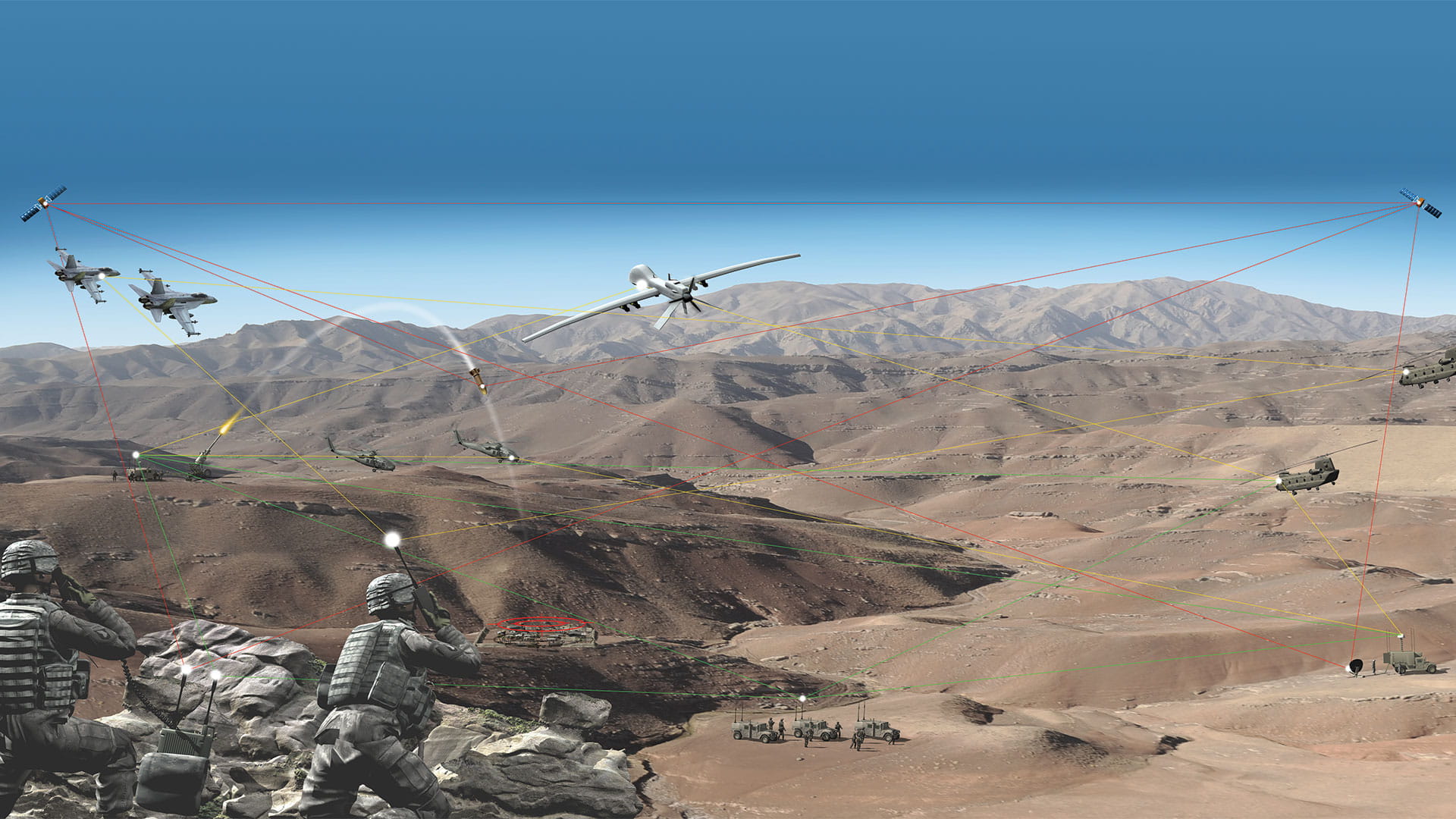 Rendering showing ground soldiers and fighter jets