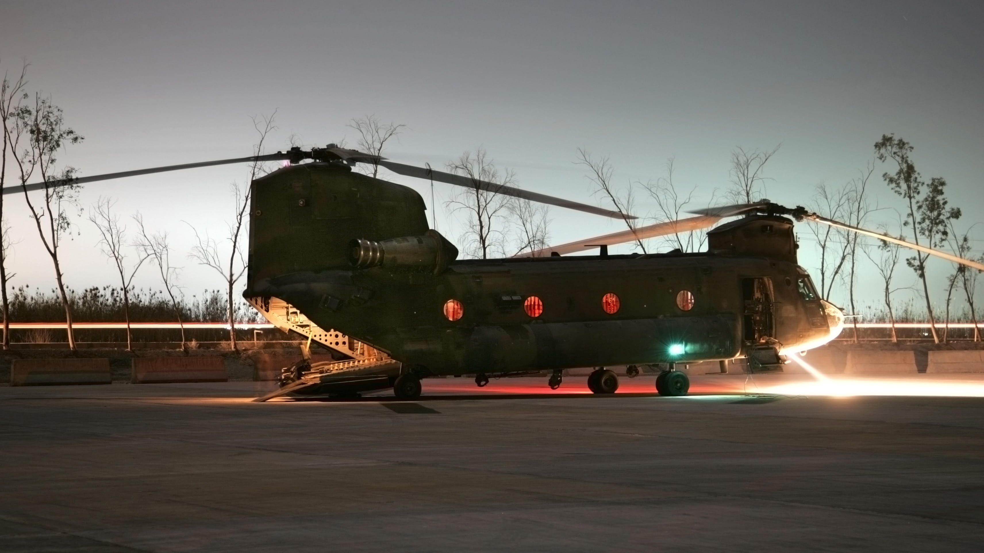 Chinook helicopter at night in Baghdad