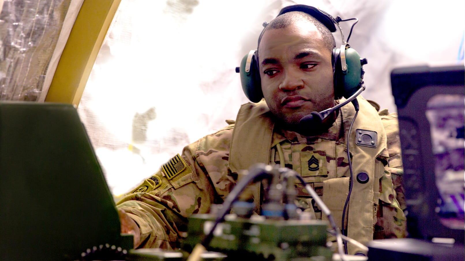 Military man with headphones