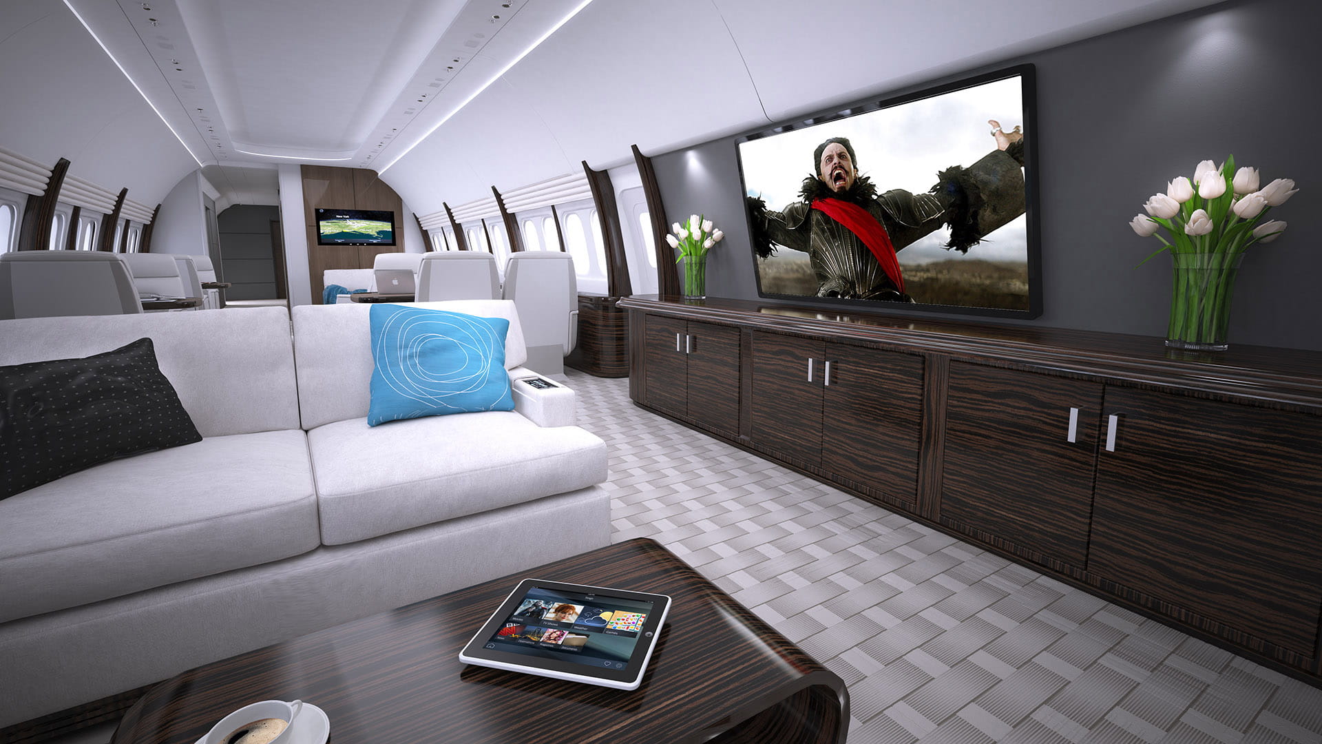 Boeing business jet cabin lounge