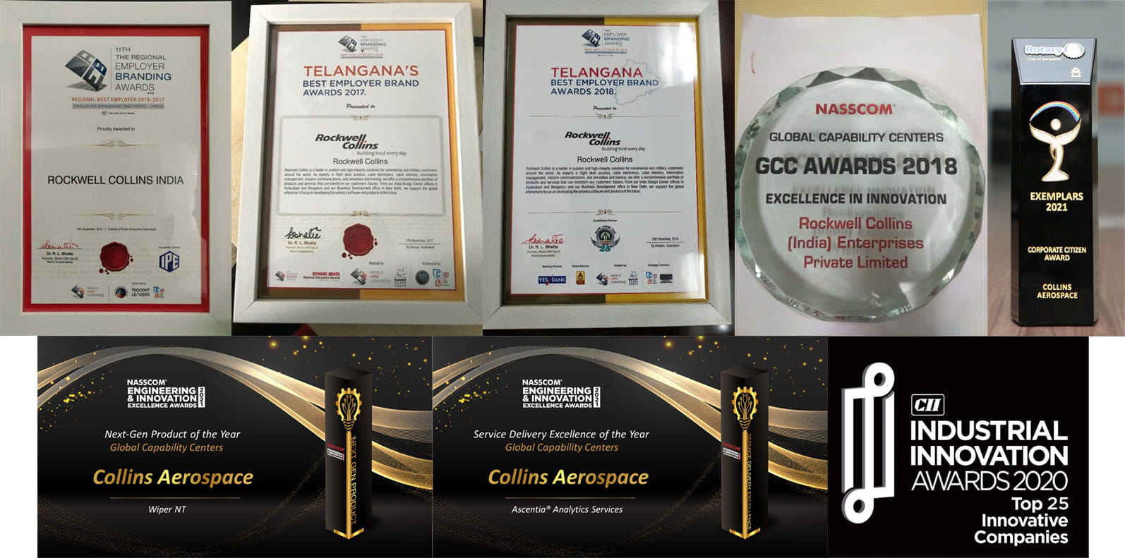 Collage of awards bestowed on Collins Aerospace in India