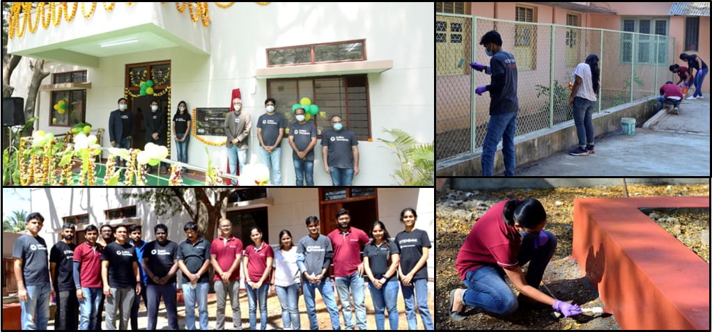 Collage of pictures of the Collins Aerospace in India CSR team helping to construct the St. Theresa's Grace Hospital