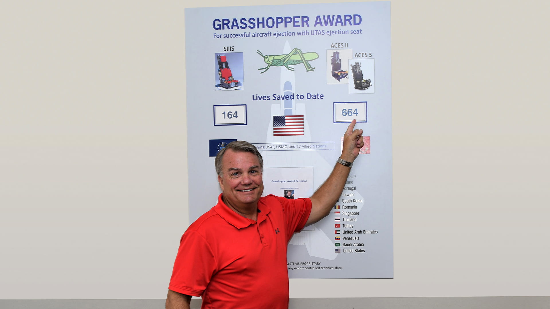 Man pointing to Grasshopper award  poster