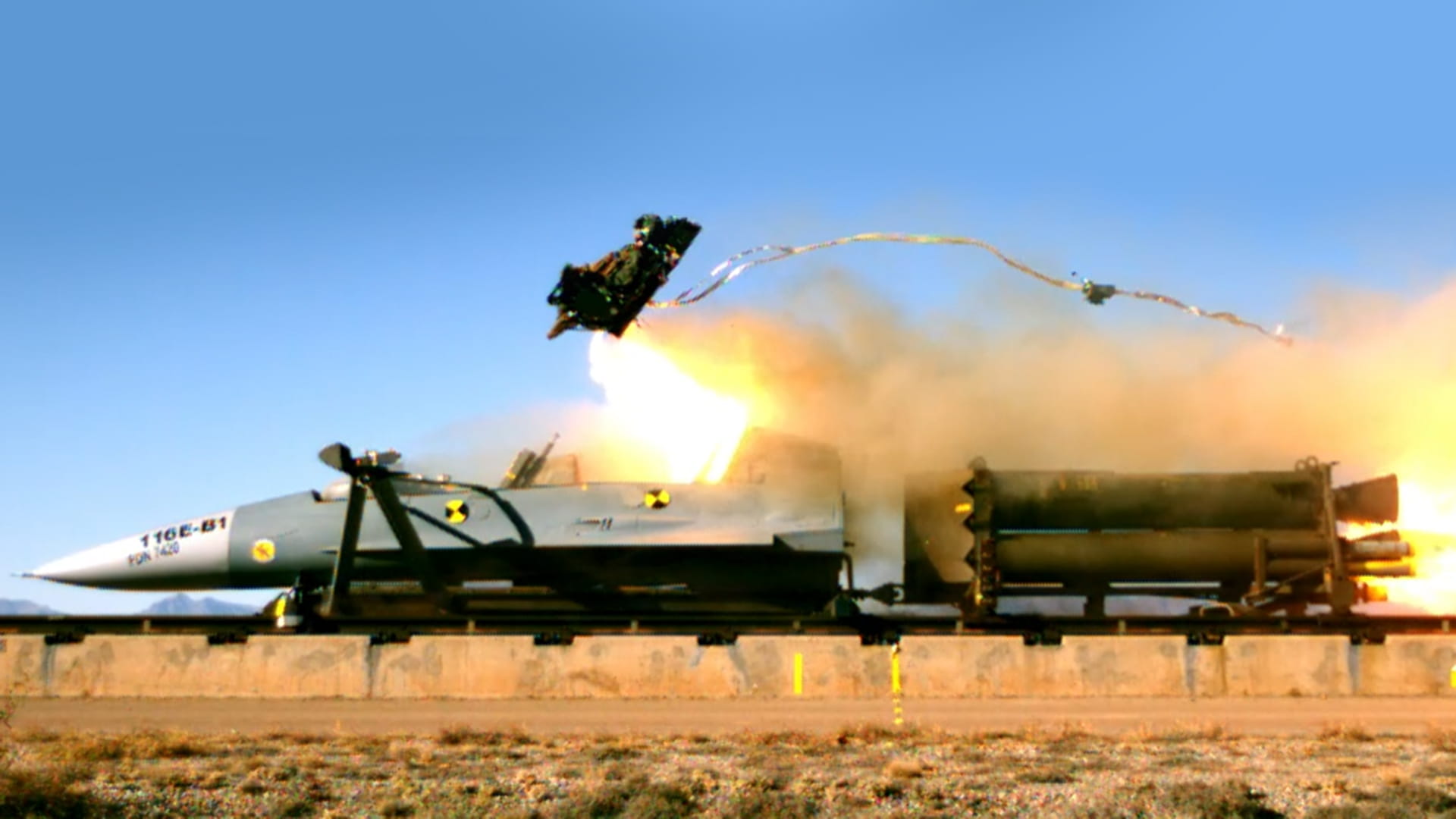 Ejection seat deploying from aircraft