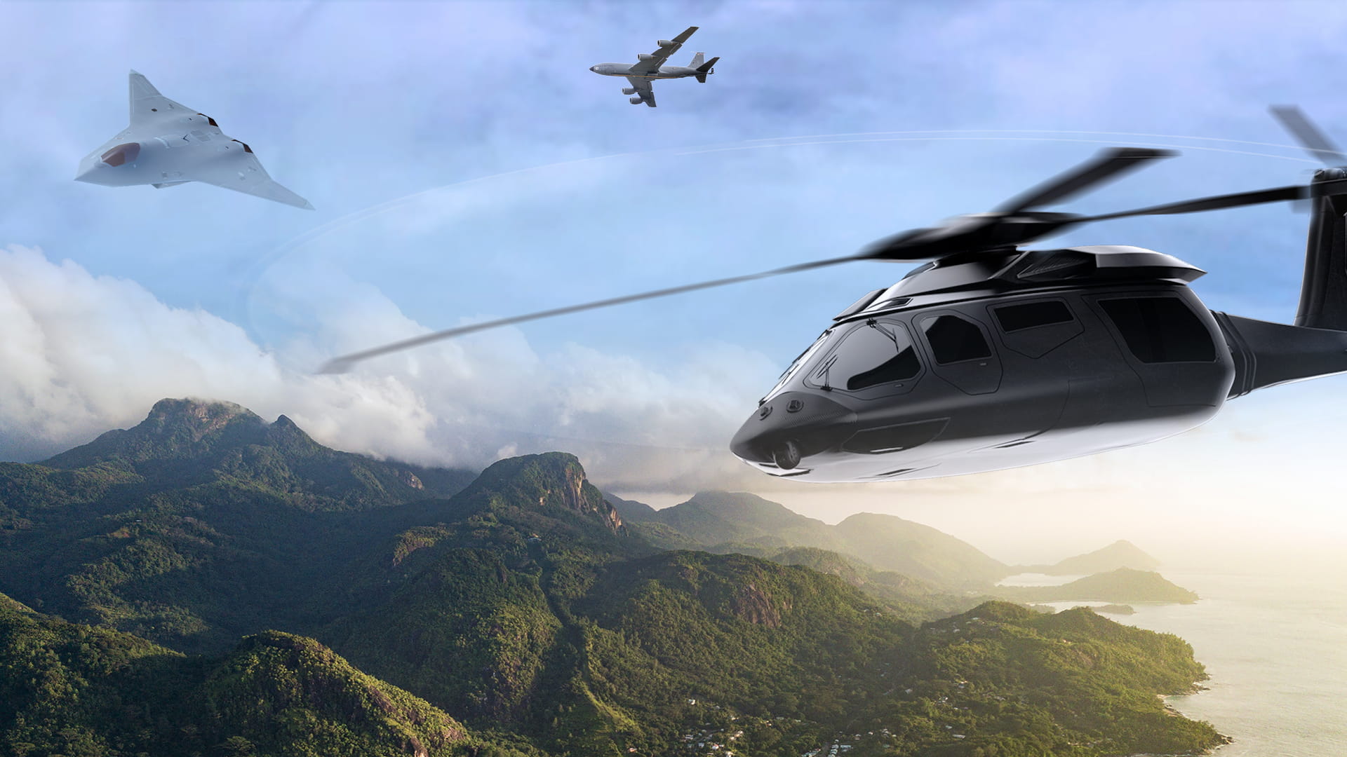Illustration of a tanker transport, sixth gen fighter, and future vertical lift helicopter flying over mountains