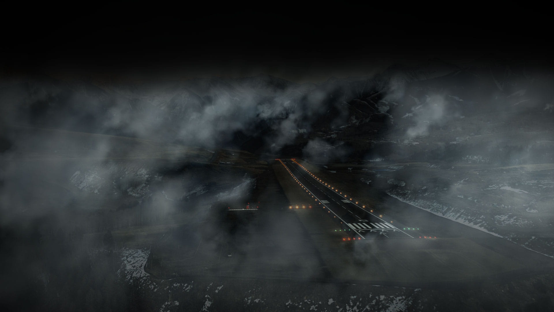 Night runway in fog
