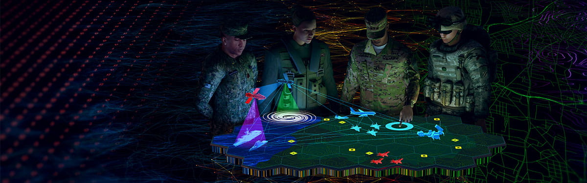 Soldiers around a futuristic holographic display of a battlefield
