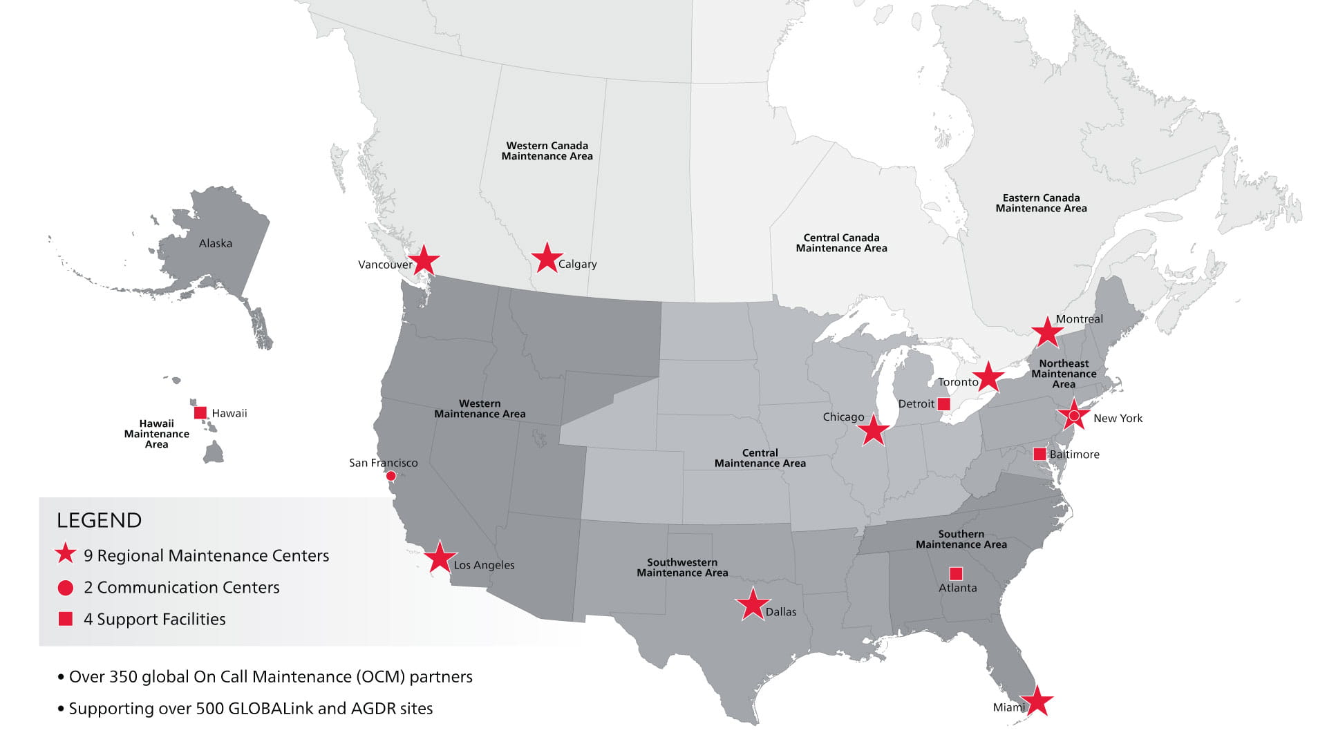 Map of Collins Aerospace ARINC Radio Technology Solutions support locations in the United States and Canada
