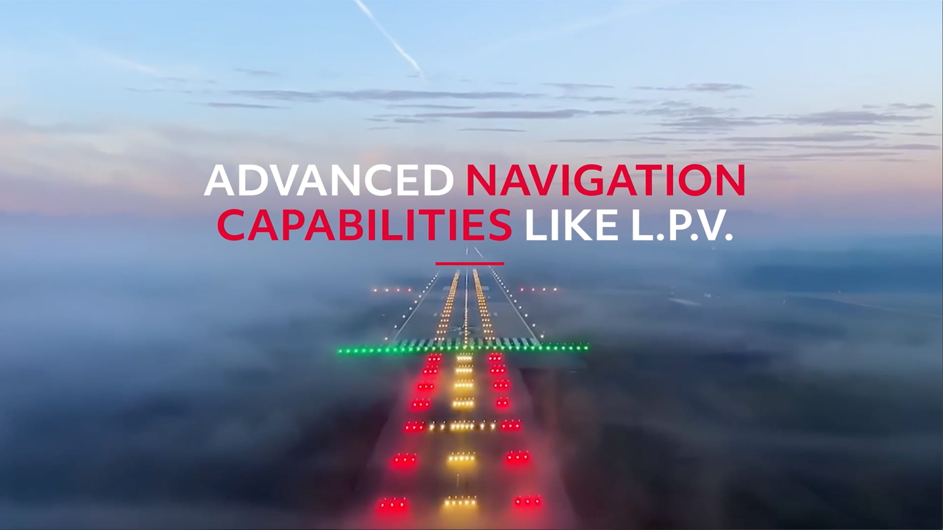 An airport runway seen through a thick layer of fog. A caption reads 'Advanced Navigation Capabilities like L.P.V."