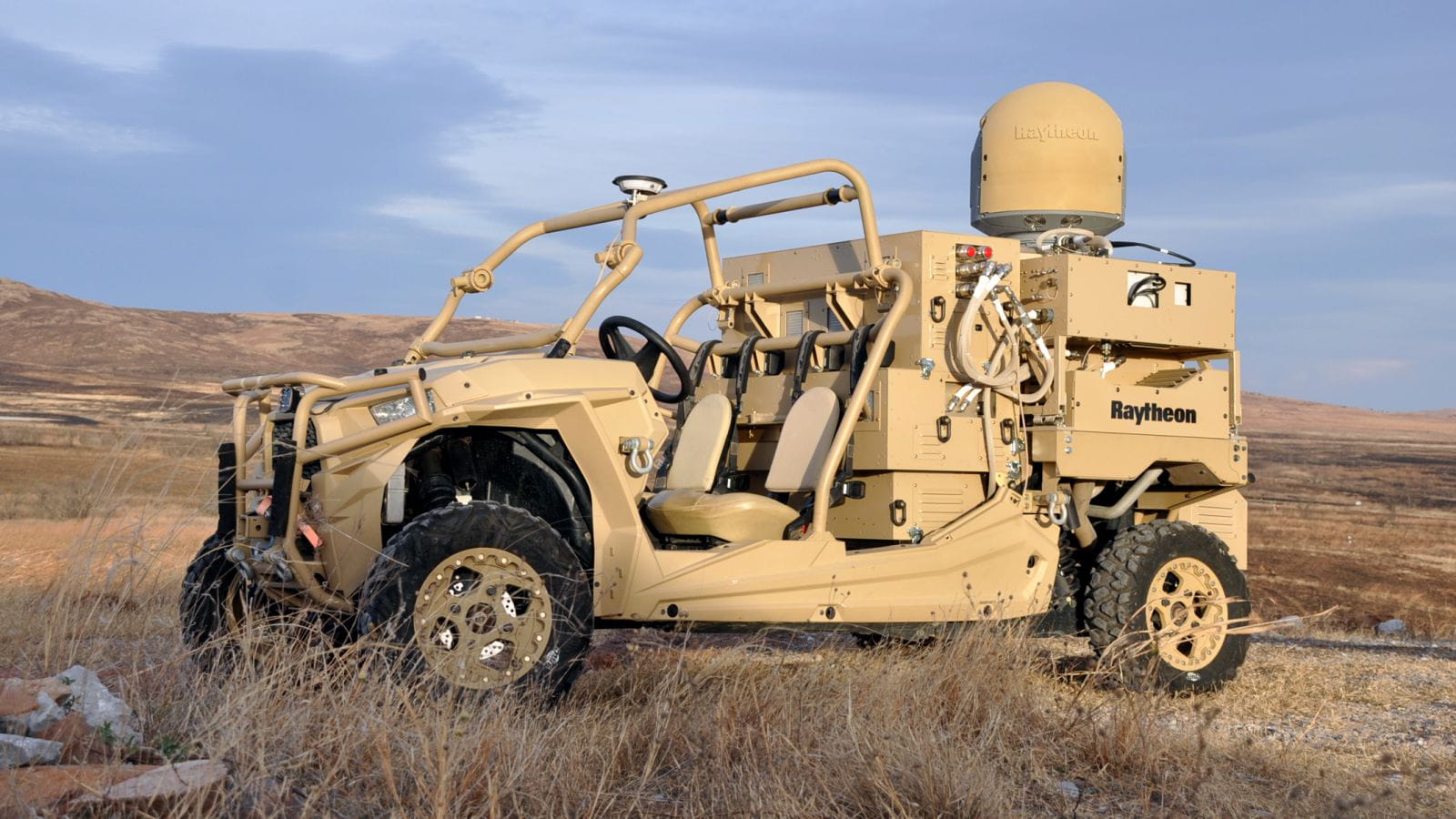 High Energy Laser Weapon System on top of a military vehicle