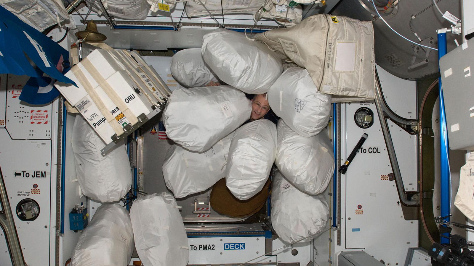 Trash bags floating around the International Space Station