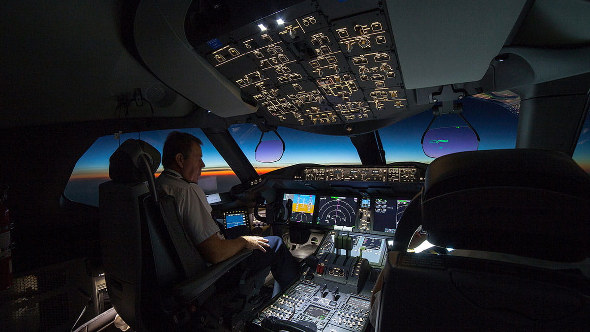 The cockpit of a Boeing 787 Dreamliner
