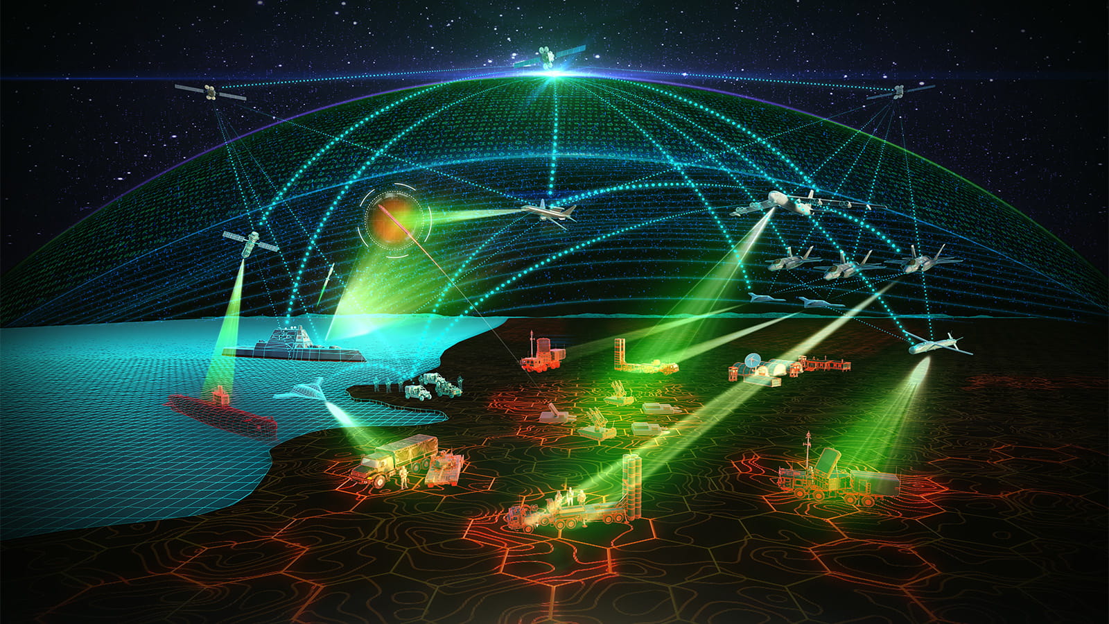 An illustration shows fighter jets, missile-defense radars, naval ships and other military platforms communicating seamlessly across their networks.