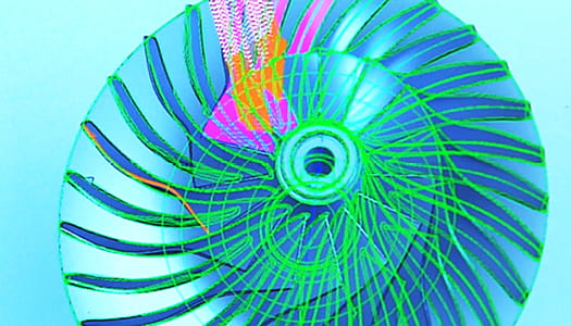 This is a 3D computer rendering of a fan blade system.