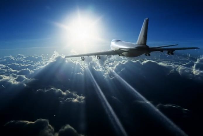 An artist rendition of a plane flying towards the sun
